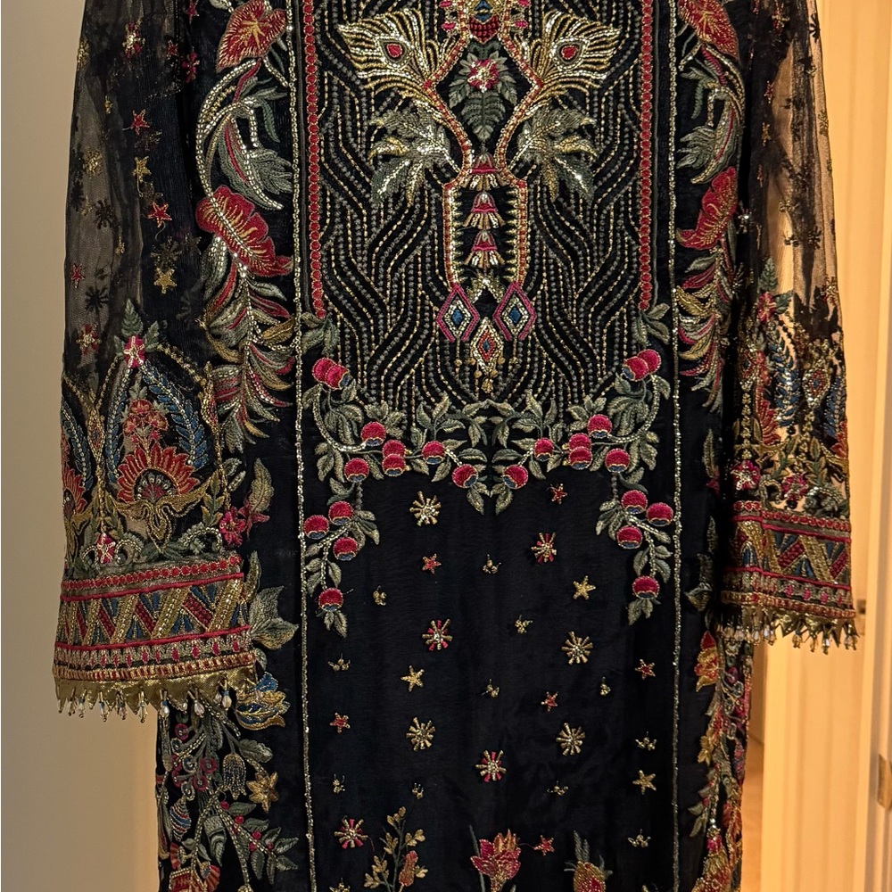 3 PC Elegant Black and Gold Embroidered Long Sleeve Dress